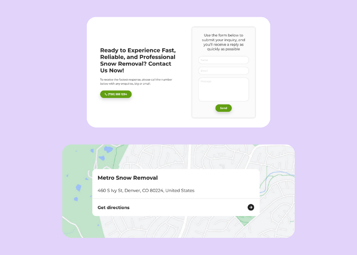 A screenshot of a header with navigation pills with contact number, a blue-colored primary button with contact number, and a 2D depiction of a map with a business address in the center