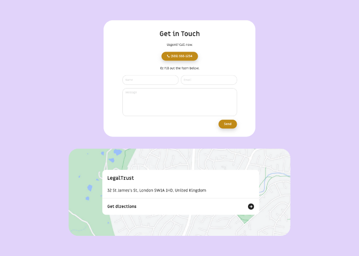 A screenshot of a header with navigation pills with contact number, a blue-colored primary button with contact number, and a 2D depiction of a map with a business address in the center