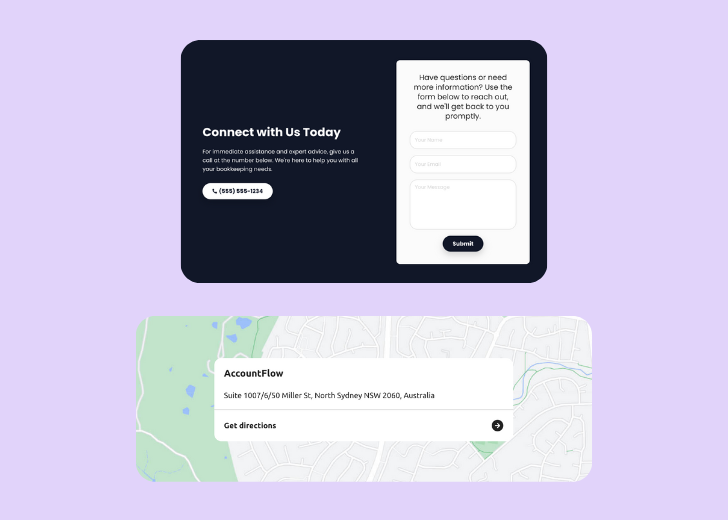 A screenshot of a header with navigation pills with contact number, a blue-colored primary button with contact number, and a 2D depiction of a map with a business address in the center