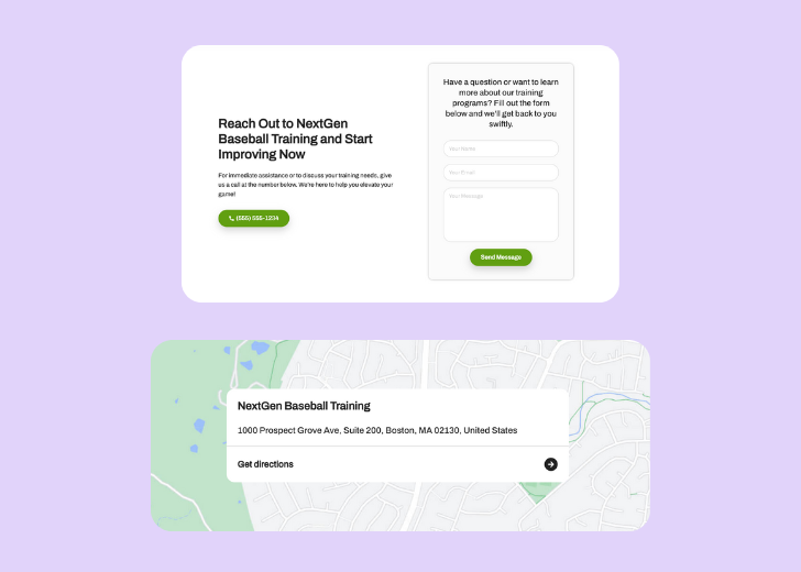 A screenshot of a header with navigation pills with contact number, a blue-colored primary button with contact number, and a 2D depiction of a map with a business address in the center