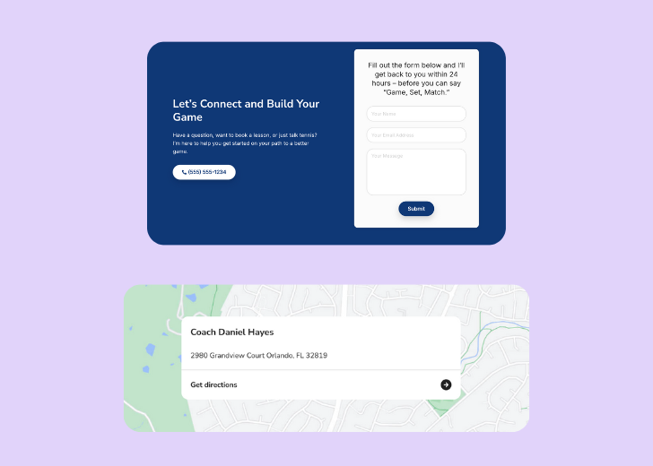 A screenshot of a header with navigation pills with contact number, a blue-colored primary button with contact number, and a 2D depiction of a map with a business address in the center