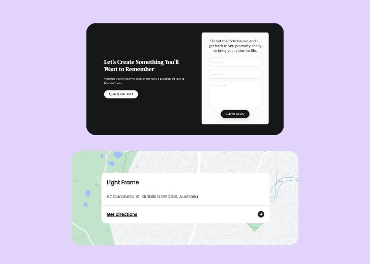 A screenshot of a header with navigation pills with contact number, a blue-colored primary button with contact number, and a 2D depiction of a map with a business address in the center