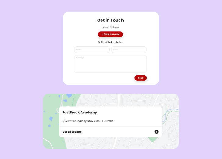 A screenshot of a header with navigation pills with contact number, a blue-colored primary button with contact number, and a 2D depiction of a map with a business address in the center