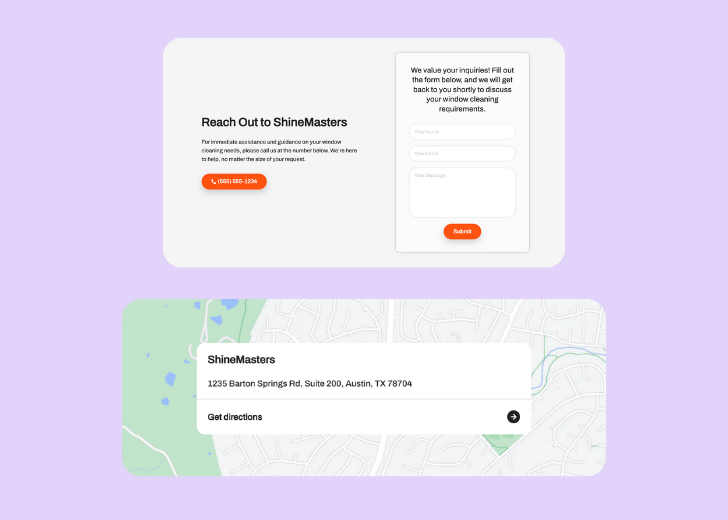 A screenshot of a header with navigation pills with contact number, a blue-colored primary button with contact number, and a 2D depiction of a map with a business address in the center