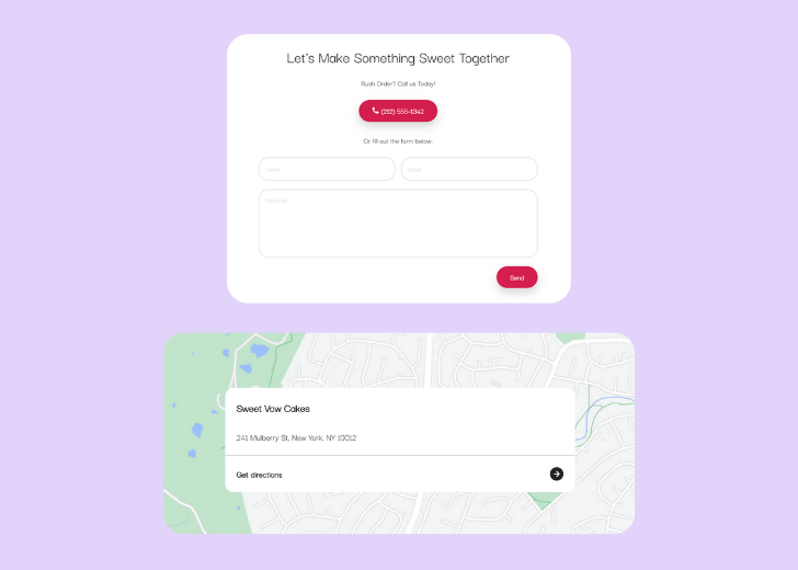 A screenshot of a header with navigation pills with contact number, a blue-colored primary button with contact number, and a 2D depiction of a map with a business address in the center