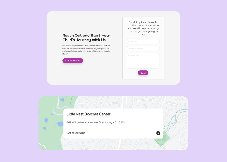 A screenshot of a header with navigation pills with contact number, a blue-colored primary button with contact number, and a 2D depiction of a map with a business address in the center
