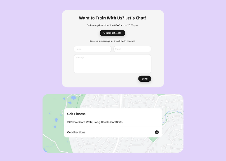 A screenshot of a header with navigation pills with contact number, a blue-colored primary button with contact number, and a 2D depiction of a map with a business address in the center