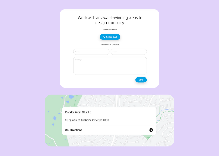 A screenshot of a header with navigation pills with contact number, a blue-colored primary button with contact number, and a 2D depiction of a map with a business address in the center