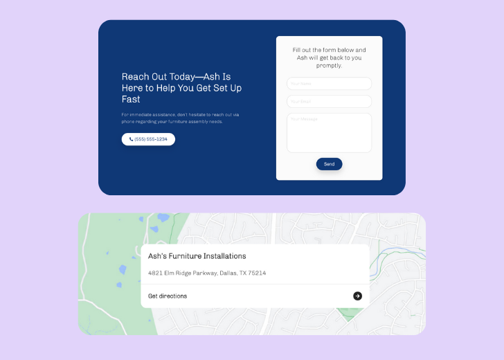 A screenshot of a header with navigation pills with contact number, a blue-colored primary button with contact number, and a 2D depiction of a map with a business address in the center