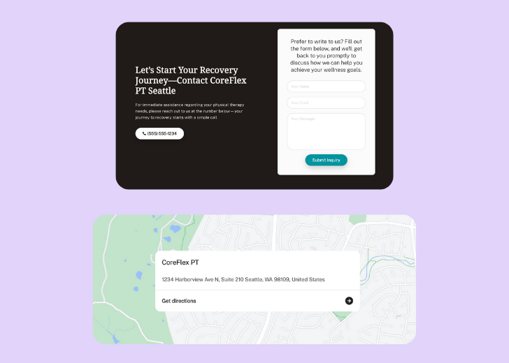 A screenshot of a header with navigation pills with contact number, a blue-colored primary button with contact number, and a 2D depiction of a map with a business address in the center