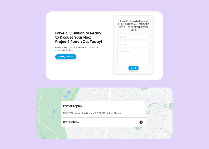 A screenshot of a header with navigation pills with contact number, a blue-colored primary button with contact number, and a 2D depiction of a map with a business address in the center