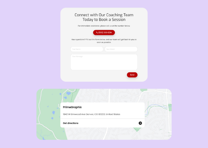 A screenshot of a header with navigation pills with contact number, a blue-colored primary button with contact number, and a 2D depiction of a map with a business address in the center