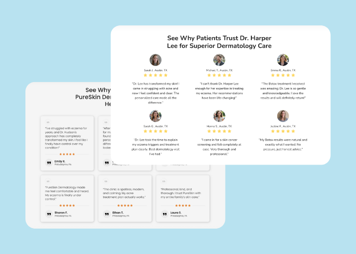 A collage of reviews section generated by Zarla showing different styles of testimonials
