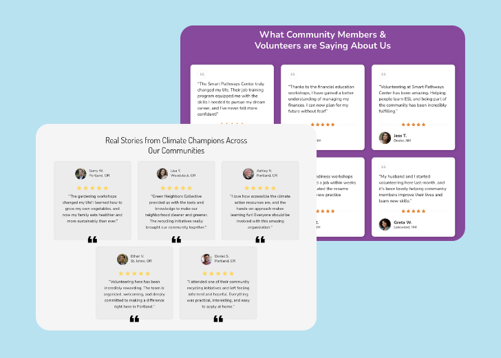 A collage of reviews section generated by Zarla showing different styles of testimonials