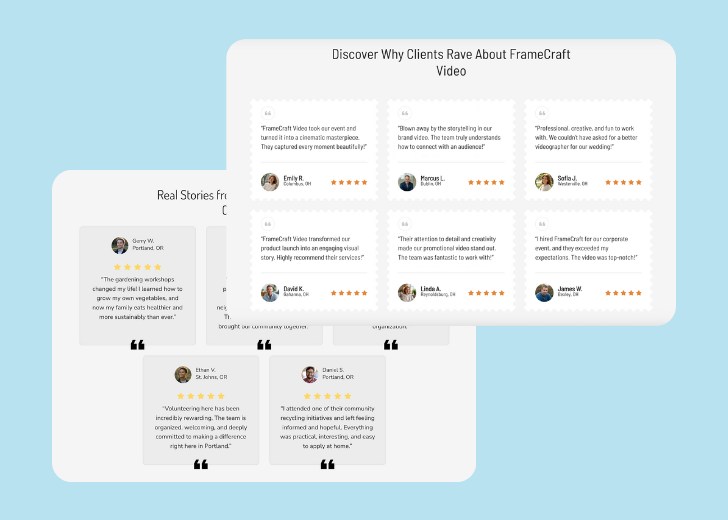 A collage of reviews section generated by Zarla showing different styles of testimonials