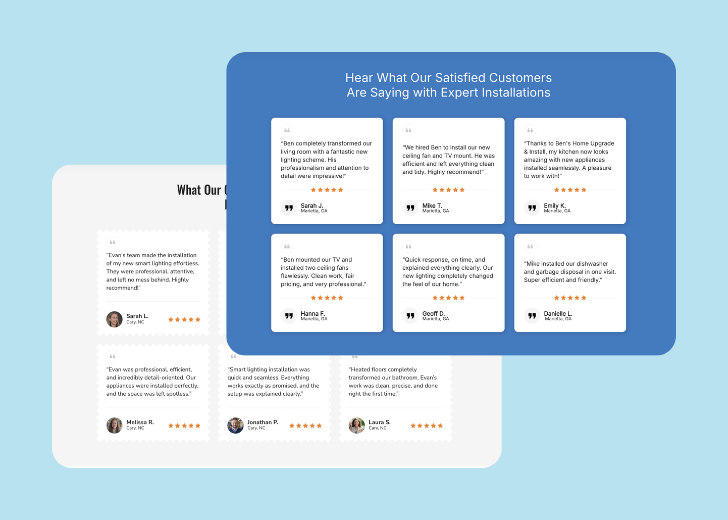 A collage of reviews section generated by Zarla showing different styles of testimonials