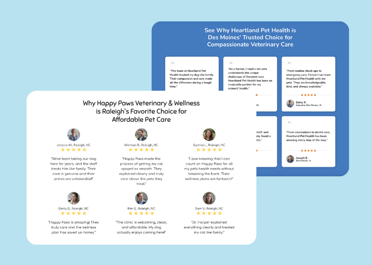 A collage of reviews section generated by Zarla showing different styles of testimonials