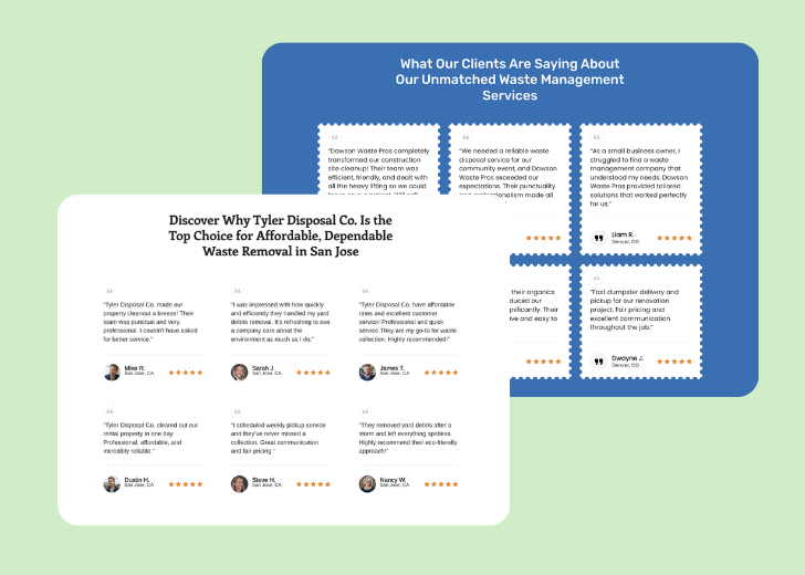 A collage of reviews section generated by Zarla showing different styles of testimonials
