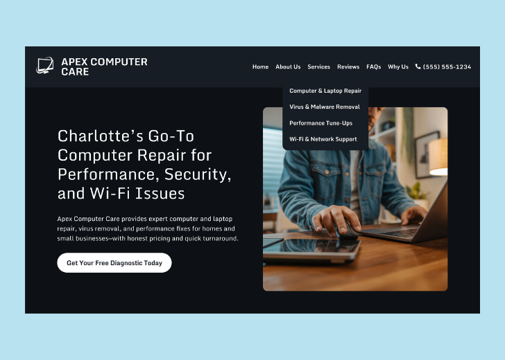 Spotless Touch landing page of a specific service titled 'Post Construction Cleaning' with a contact form on the side