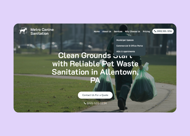Spotless Touch landing page of a specific service titled 'Post Construction Cleaning' with a contact form on the side