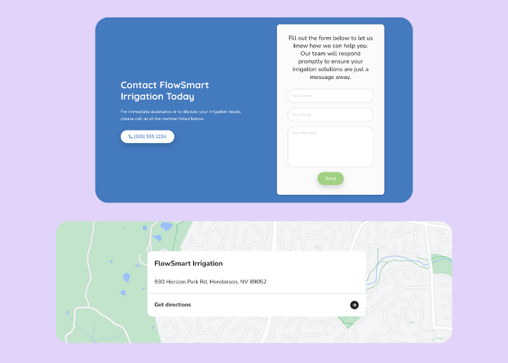 A screenshot of a header with navigation pills with contact number, a blue-colored primary button with contact number, and a 2D depiction of a map with a business address in the center
