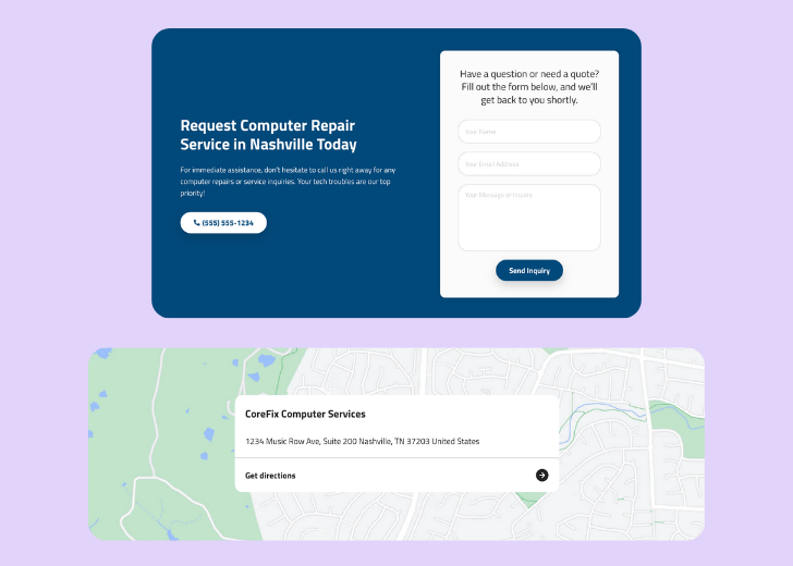 A screenshot of a header with navigation pills with contact number, a blue-colored primary button with contact number, and a 2D depiction of a map with a business address in the center
