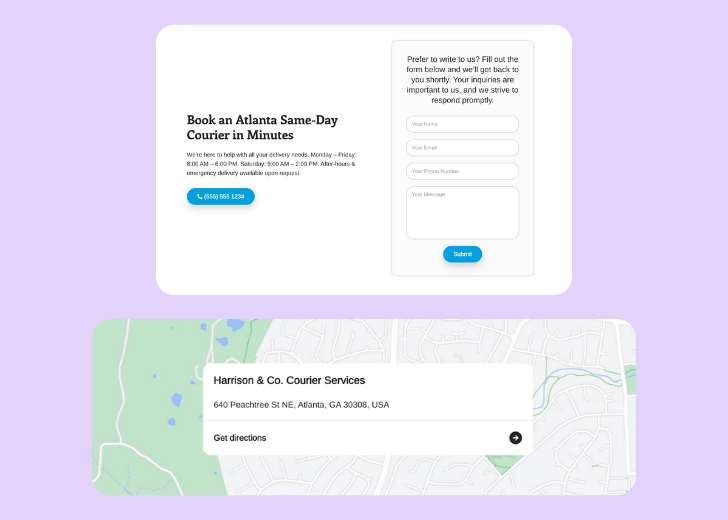 A screenshot of a header with navigation pills with contact number, a blue-colored primary button with contact number, and a 2D depiction of a map with a business address in the center