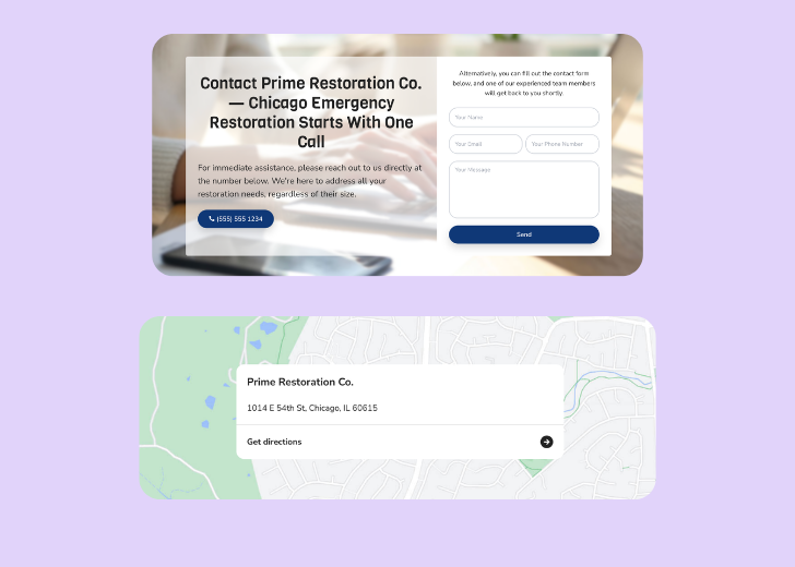 A screenshot of a header with navigation pills with contact number, a blue-colored primary button with contact number, and a 2D depiction of a map with a business address in the center