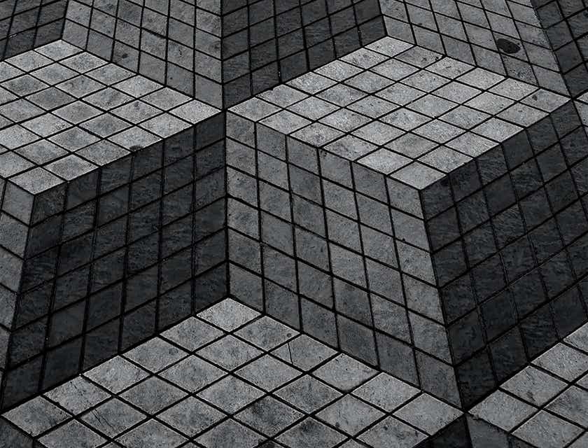 Desain 3D yang terdiri dari kubus berwarna abu-abu.