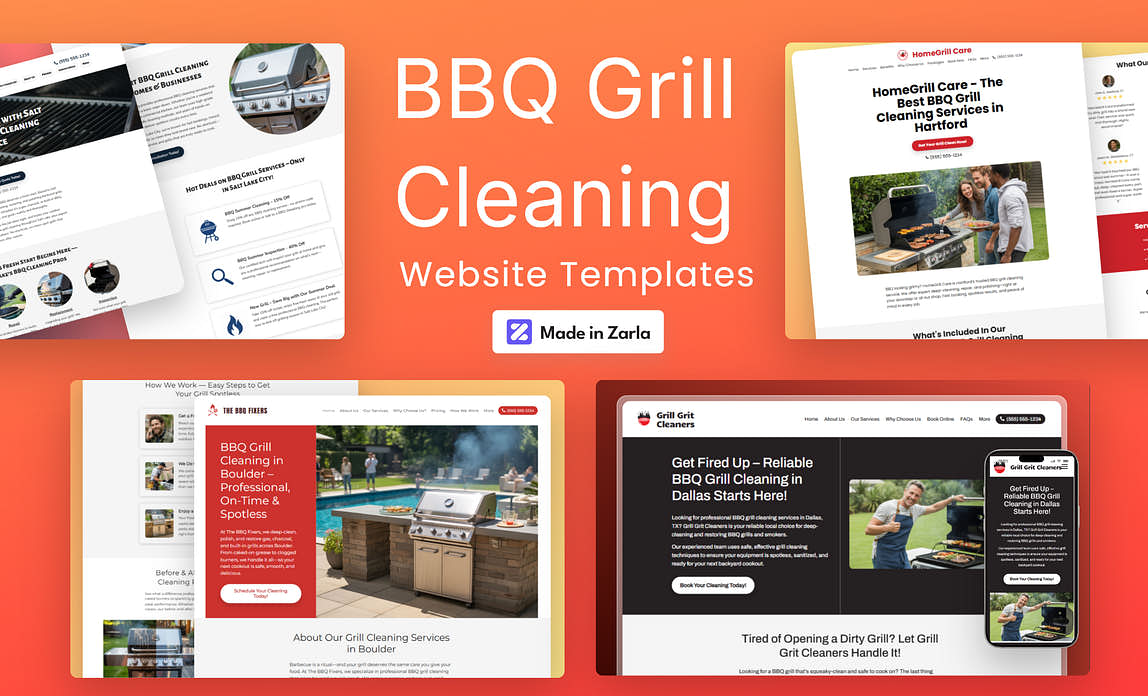 Collection of BBQ Grill Cleaning website templates created with Zarla