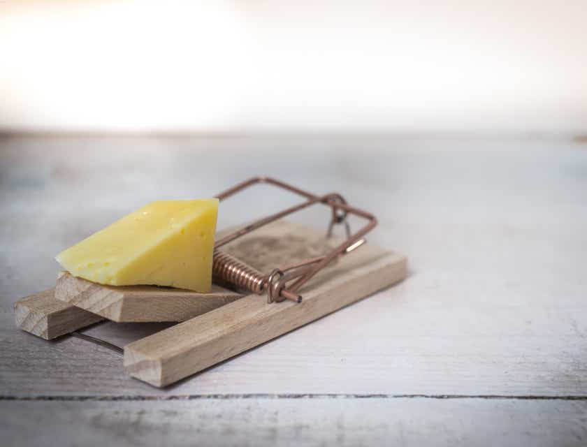Haşere kontrol hizmetini temsilen kullanılan peynirli bir fare kapanı.