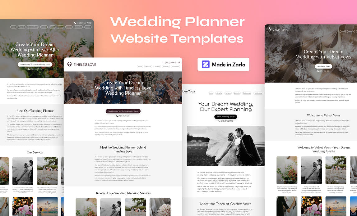 Collection of wedding planner website templates made with Zarla's AI website builder