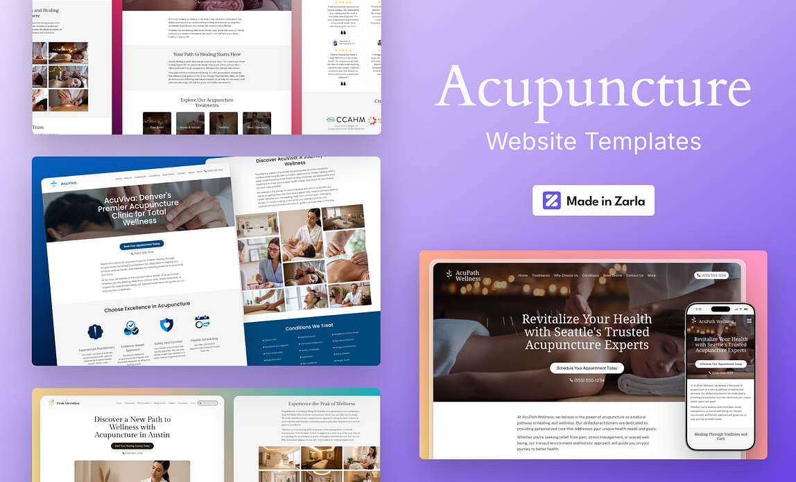 Collection of acupuncture website templates created with Zarla