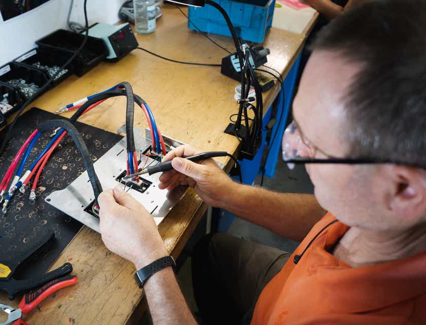 Een technicus die bezig is met solderingen tijdens apparaatreparatie.