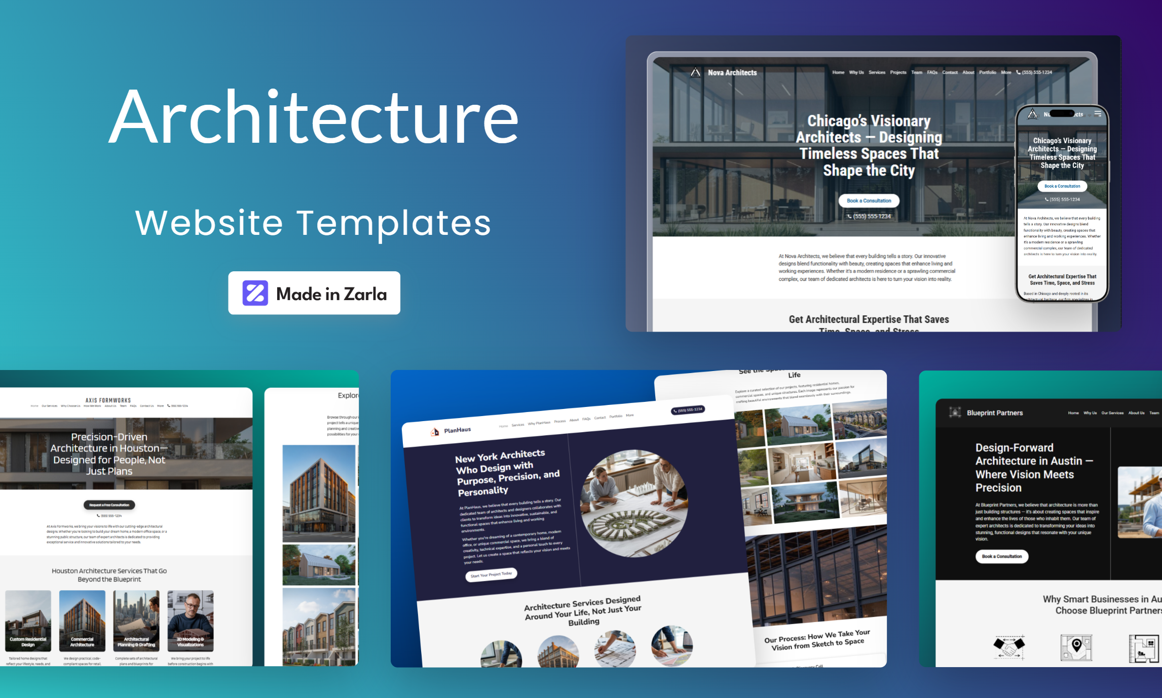 Collection of architecture website templates created with Zarla