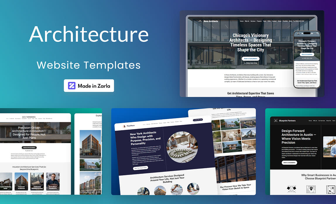 Collection of architecture website templates created with Zarla