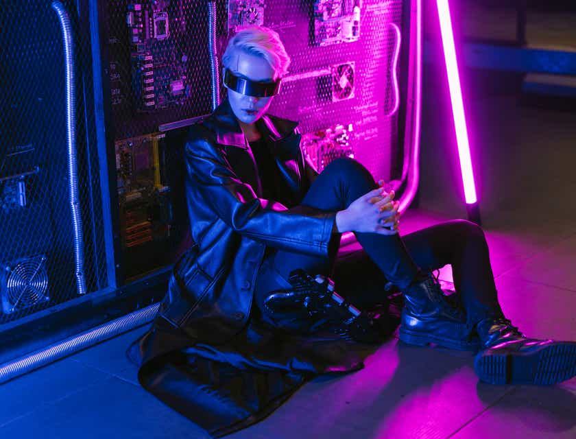 Een vrouw in zwartlederen kledij en met accessoires die verbonden zijn aan cyberpunk.