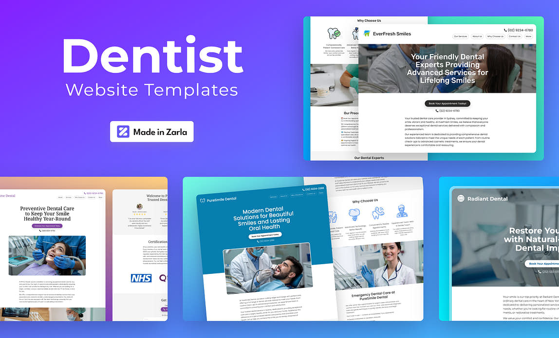 Collection of dental website templates created with Zarla