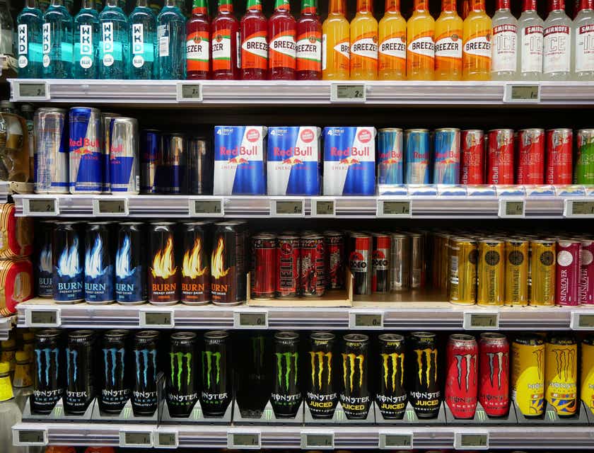 Verschillende soorten energiedranken in de schappen van een supermarkt.