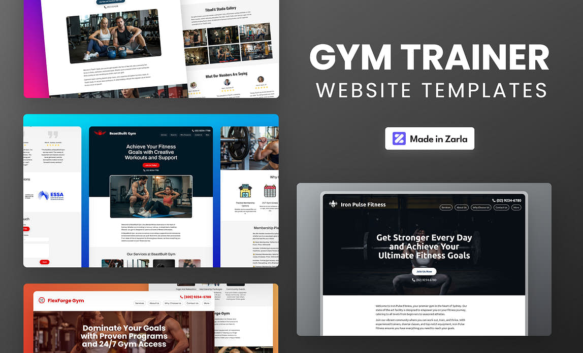 Collection of gym website templates made with Zarla's AI website builder