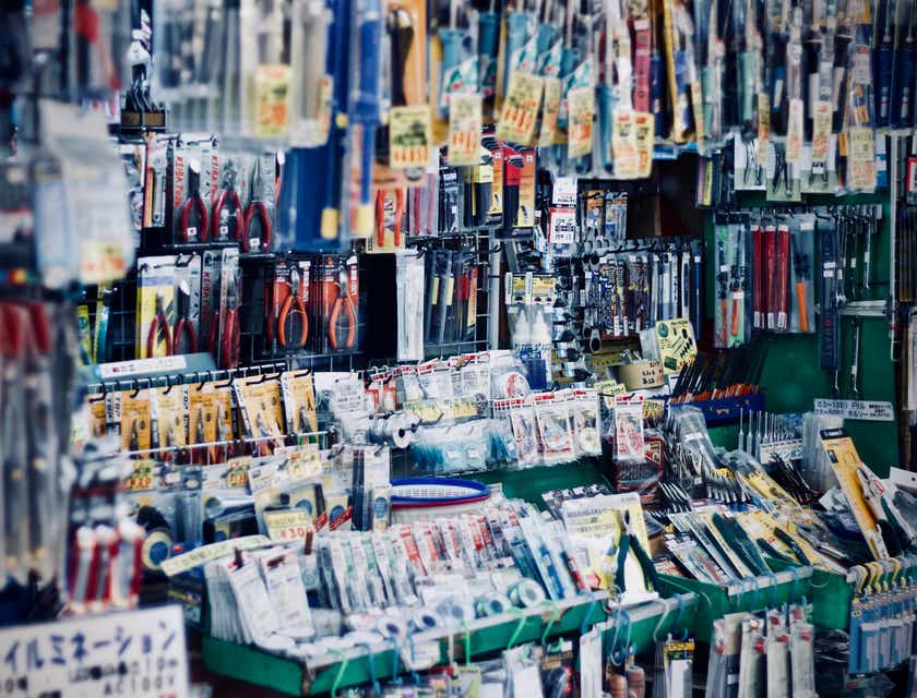 Várias ferramentas expostas em uma loja de materiais de construção.