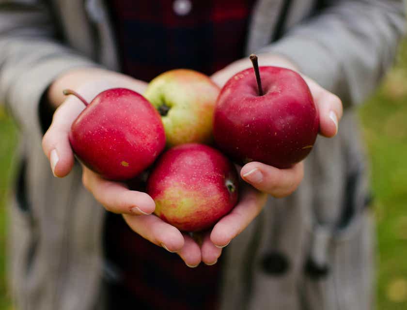 Una persona con manzanas rojas en un logo saludable.