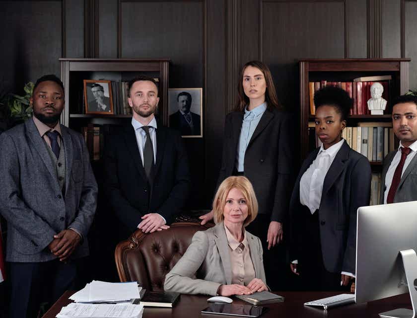 Een groep juristen poseren voor een foto op een advocatenkantoor.