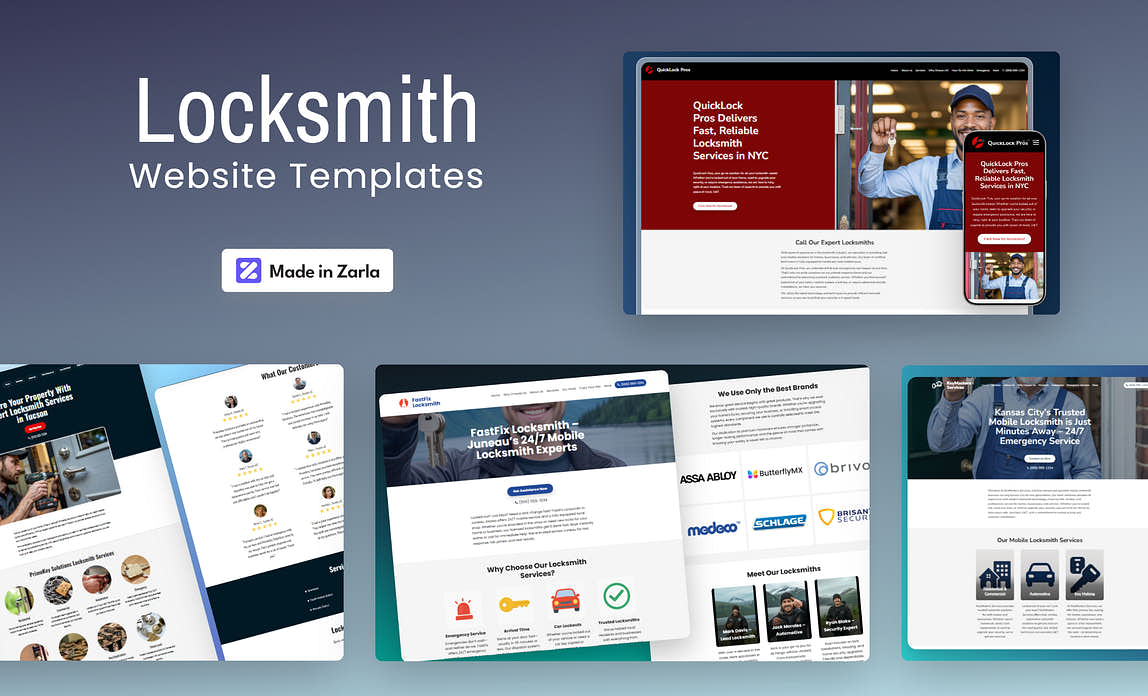 Collection of locksmith website templates created with Zarla