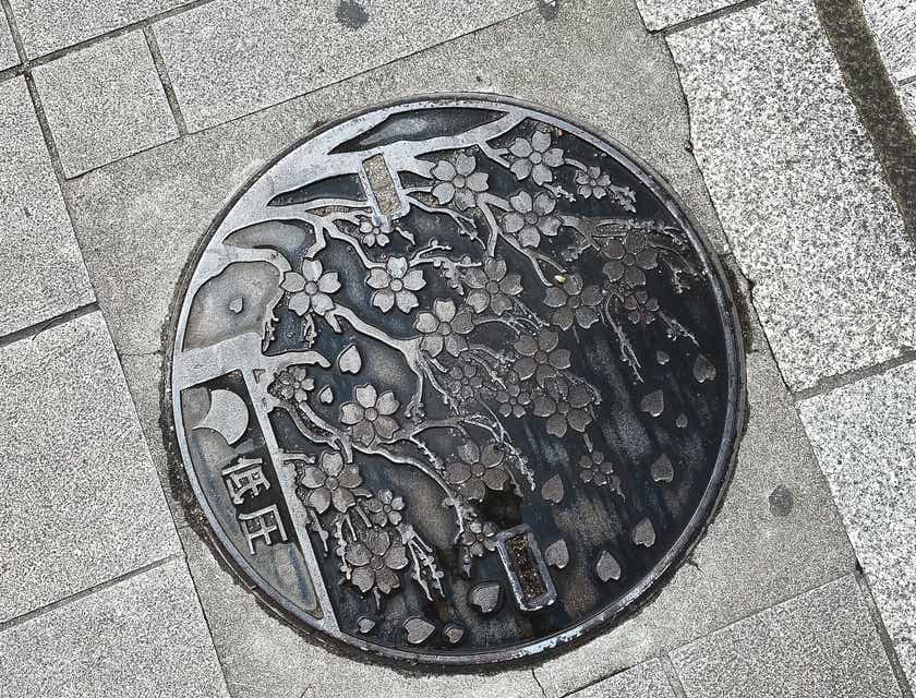 A drain cover with a gray Japanese tree.