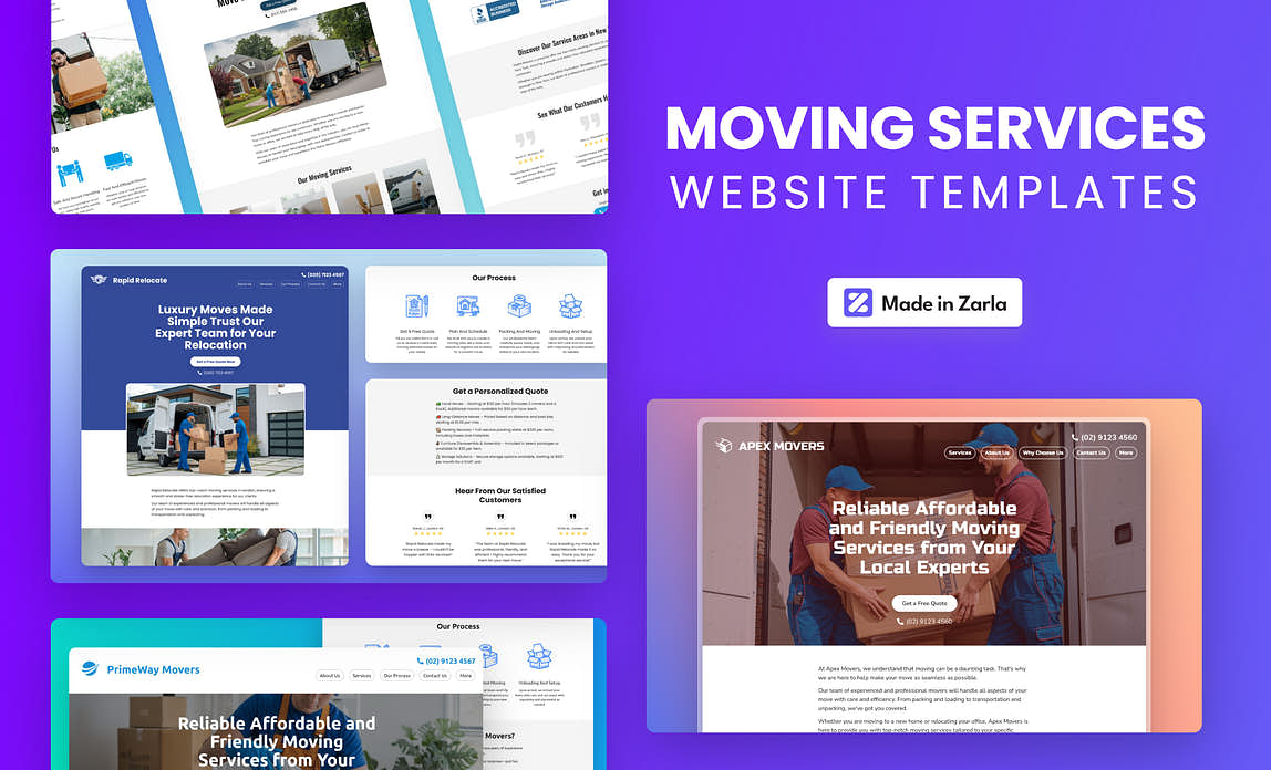 A collection of moving companies website templates created with Zarla's AI website builder