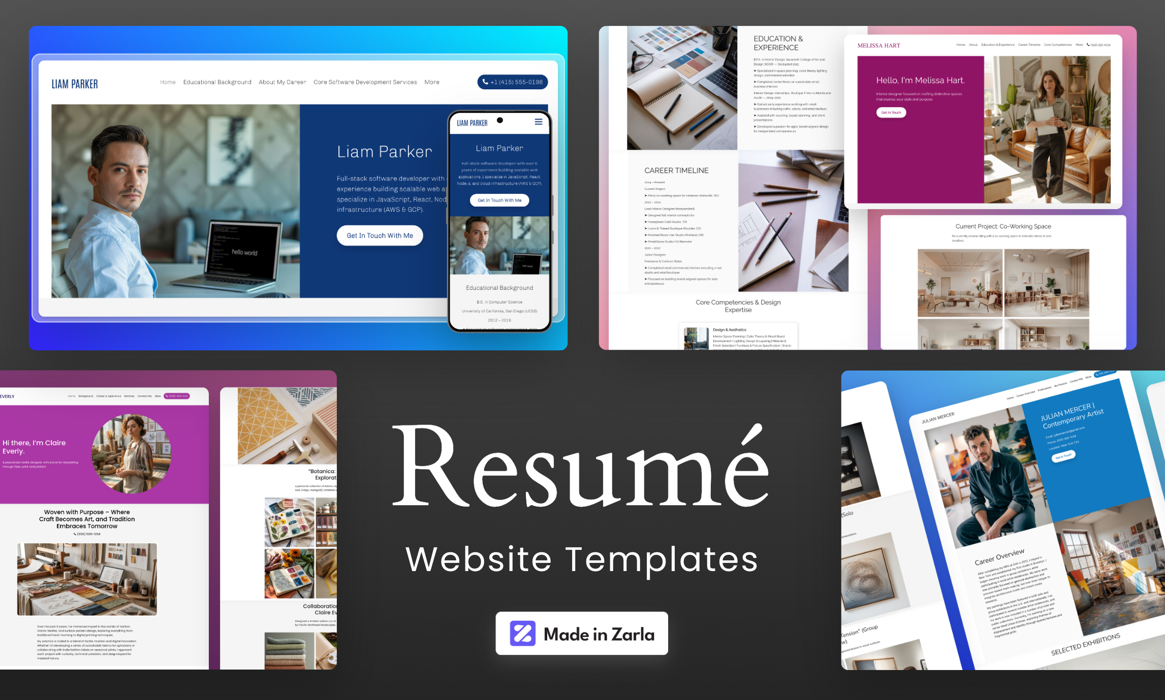Collection of resumé website templates created with Zarla
