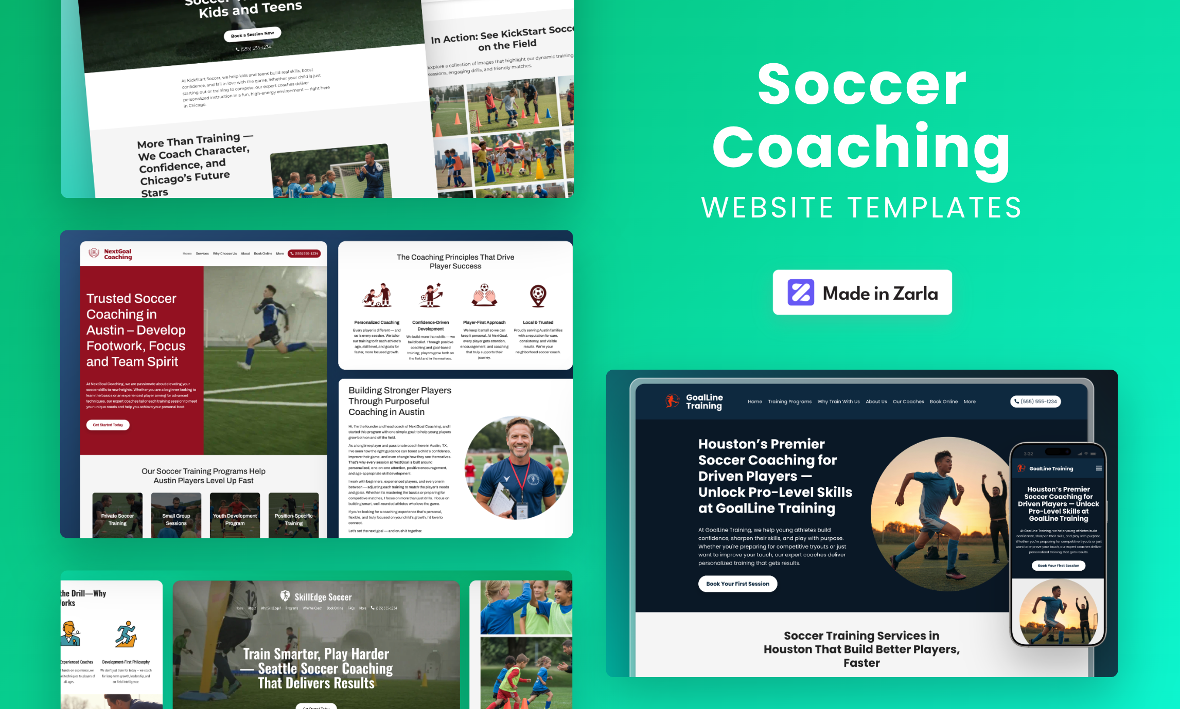 Collection of soccer website templates created with Zarla