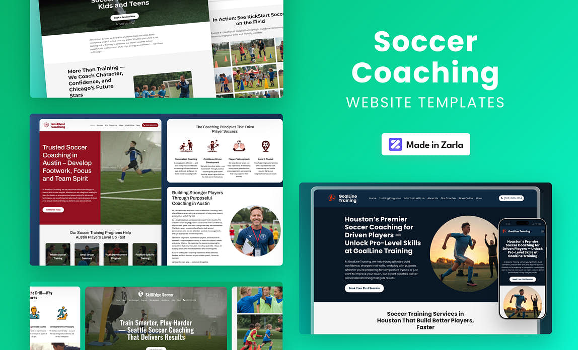 Collection of soccer website templates created with Zarla
