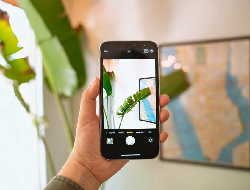 Een persoon maakt een foto van een plant in een kamer met een mobiele telefoon.